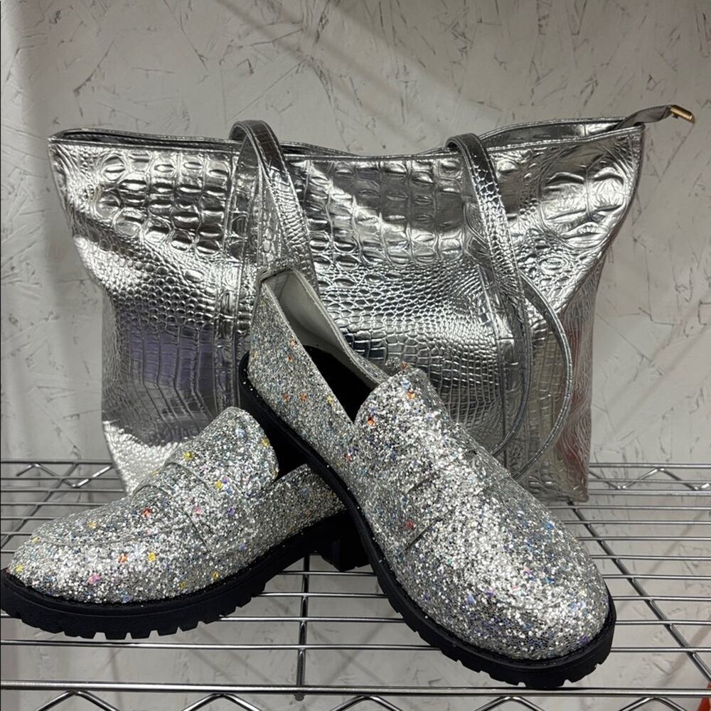 Silver Crocodile Embossed Tote and Glitter Loafers Size EU 40 US 8.5 - 9